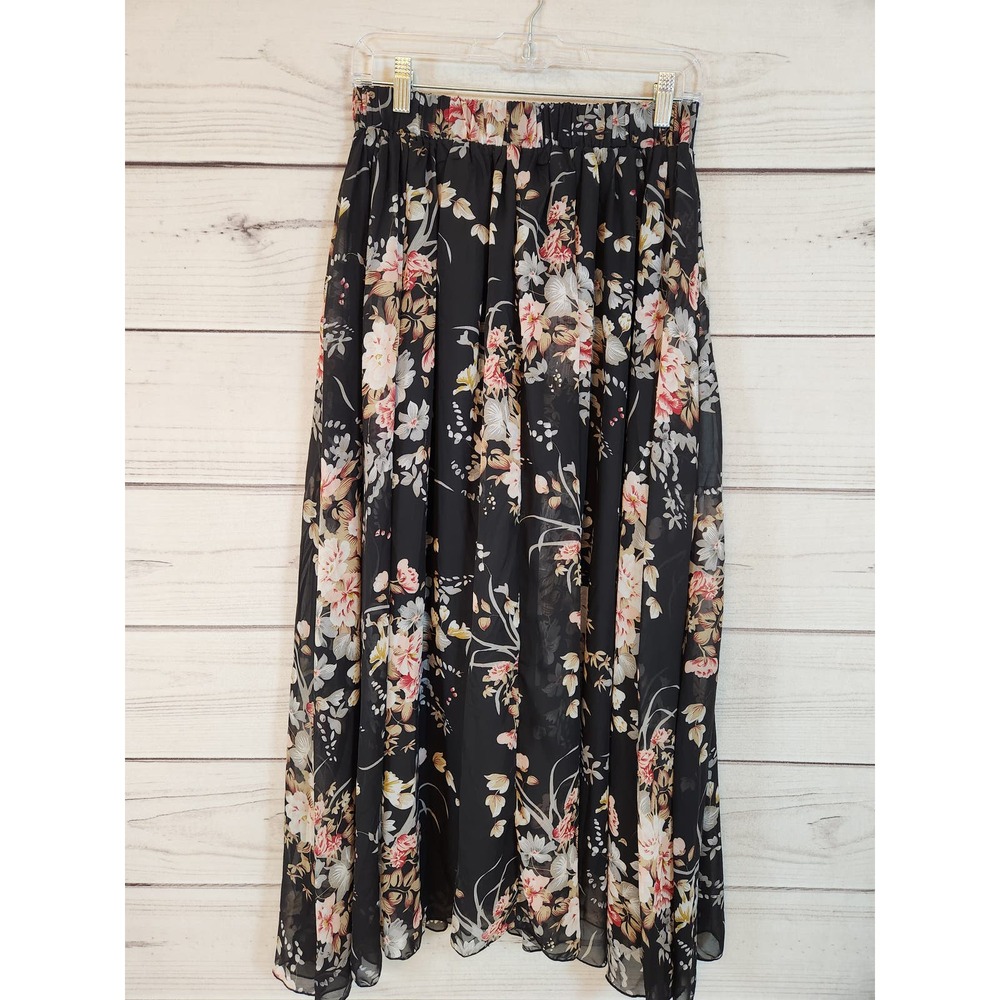 SHEIN Black Floral Midi Skirt